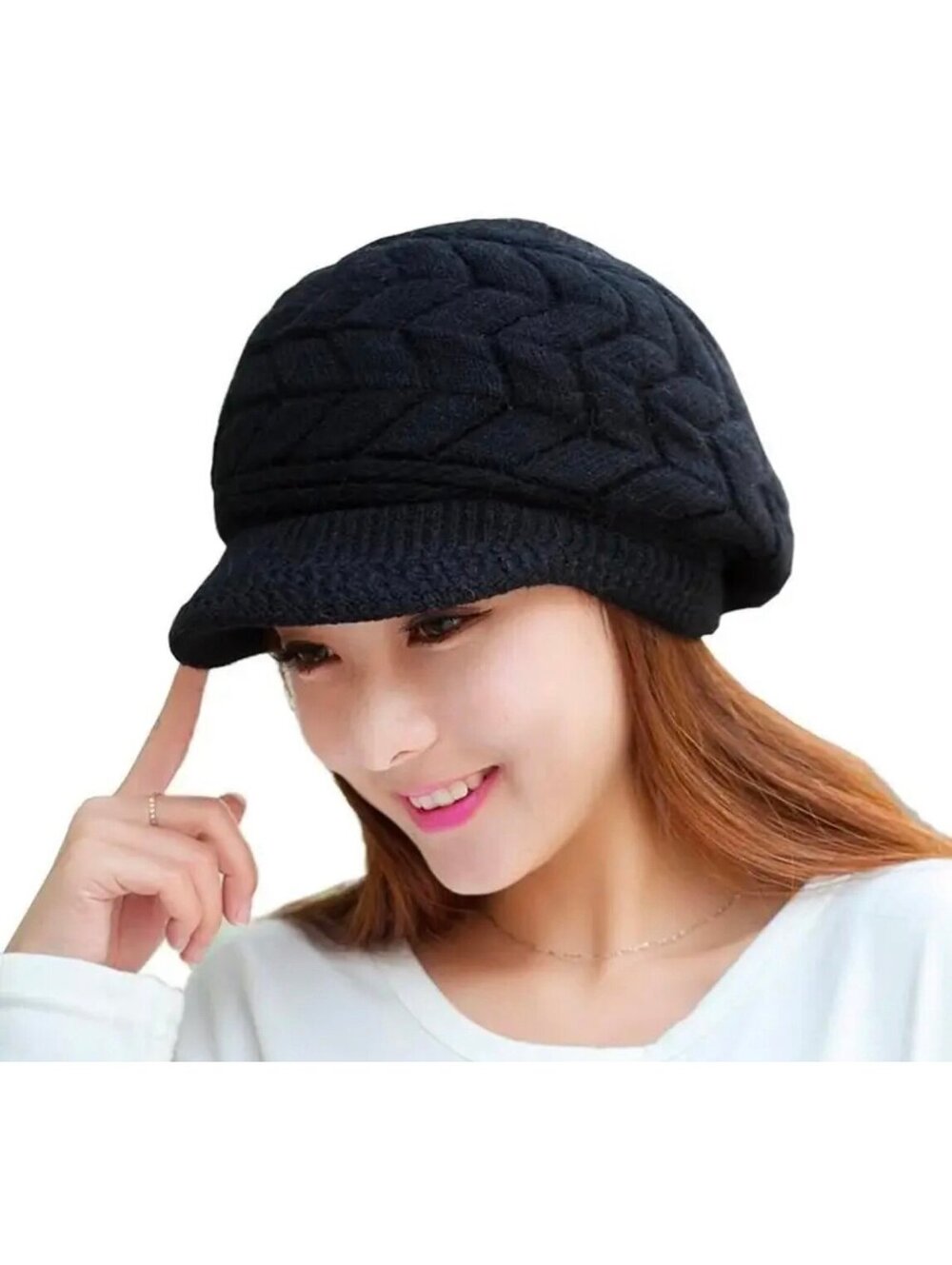 New - Knitted Peaked Cap With Parallel Horizontal Lines - Black